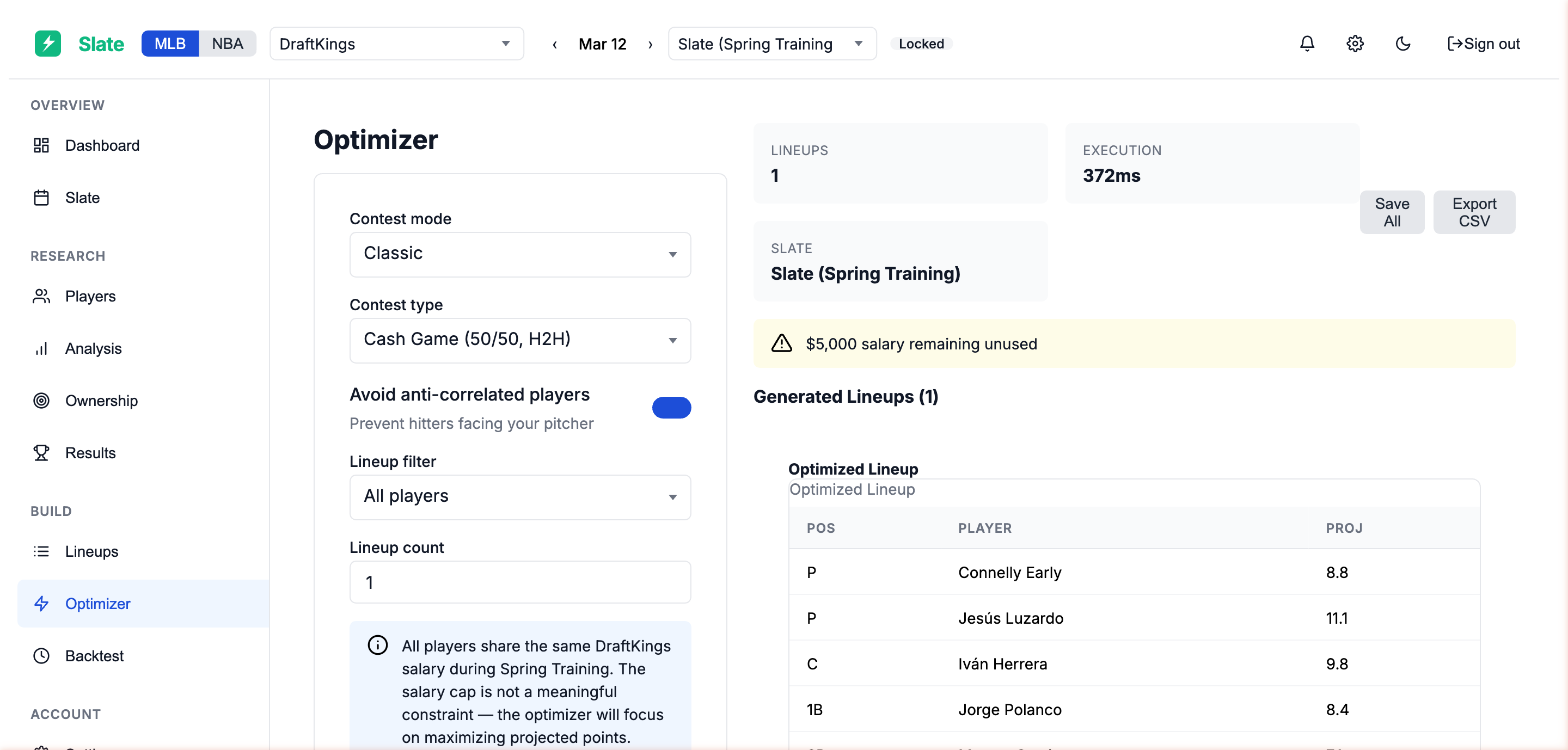Lineup optimizer generating optimal DFS lineups